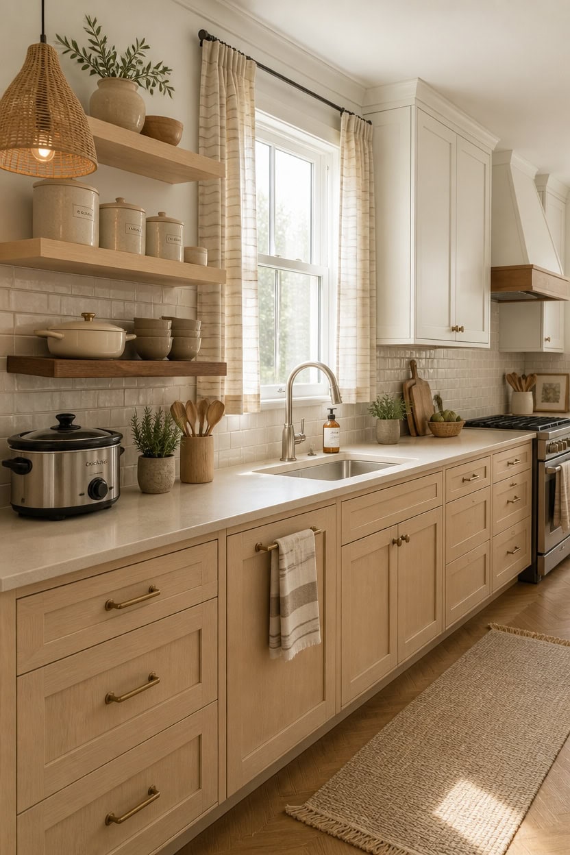 Bright kitchen with white cabinetry and open shelving.