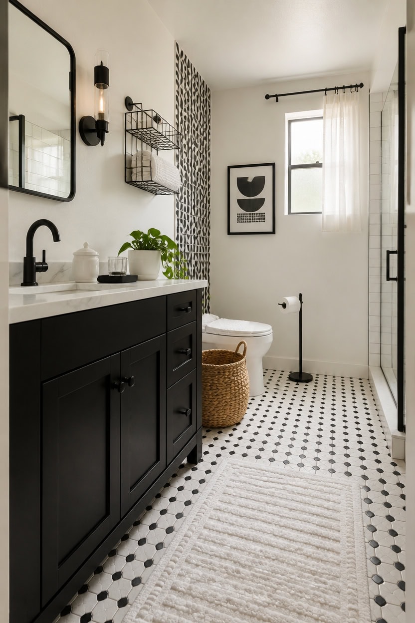 Elegant bathroom featuring a black vanity, patterned tile flooring, and contemporary wall art, perfe.