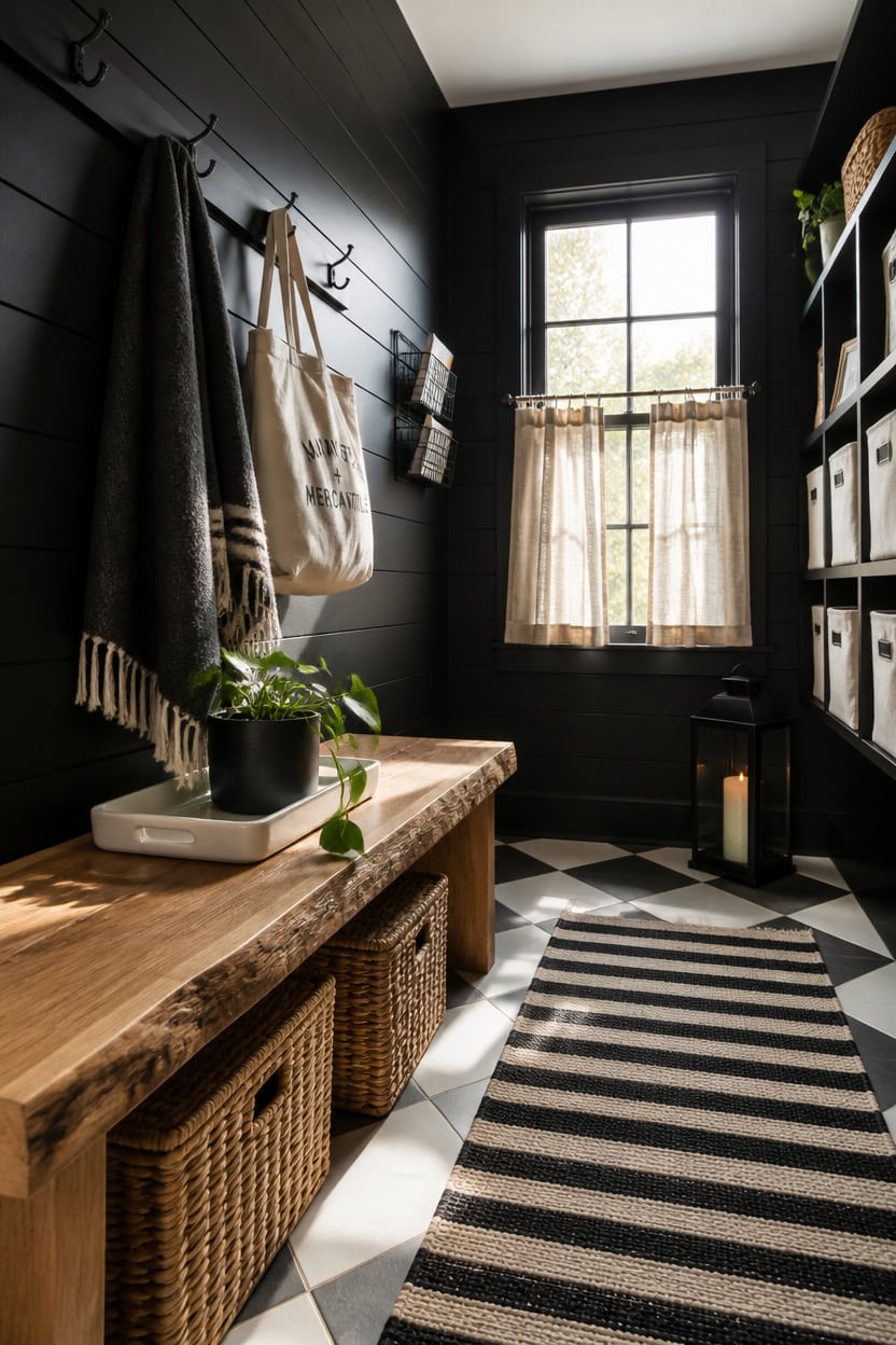 Entryway with black walls, wooden bench, storage baskets, and window light.