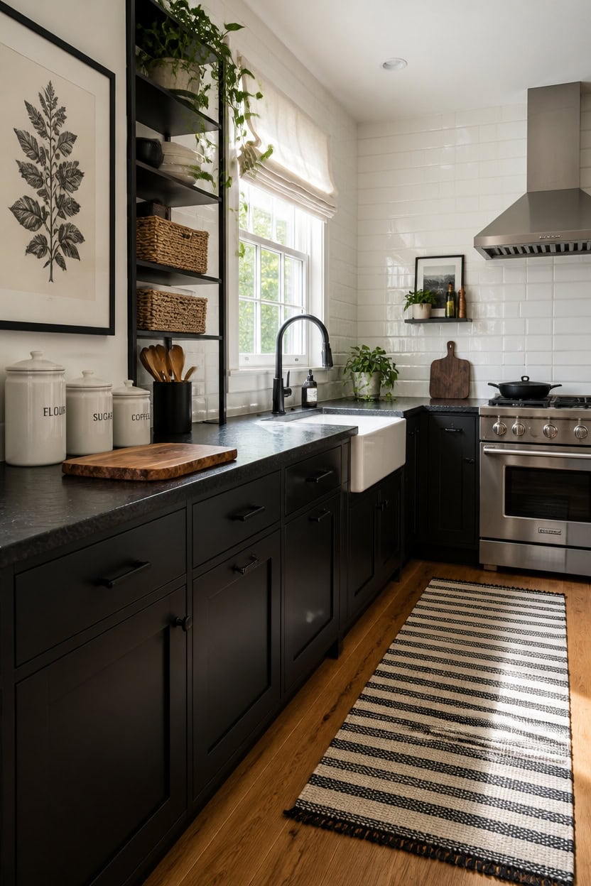 Bright kitchen featuring black cabinetry, white subway tile backsplash, and natural light from a win.