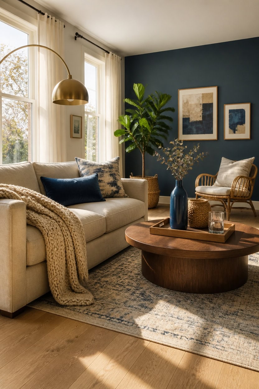 Bright living room with beige sofa, blue accent wall, and large windows letting in natural sunlight.