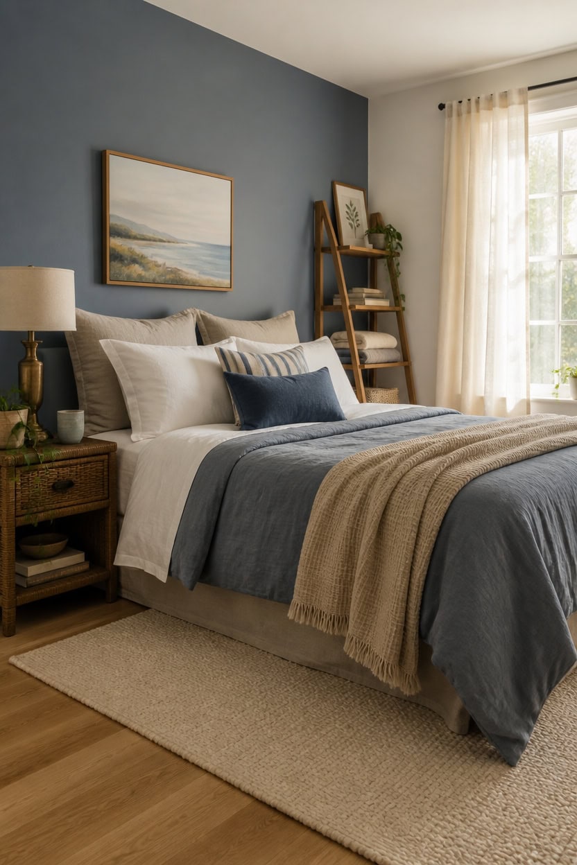 Modern bedroom featuring a blue accent wall, cozy bedding, and natural light from large windows.