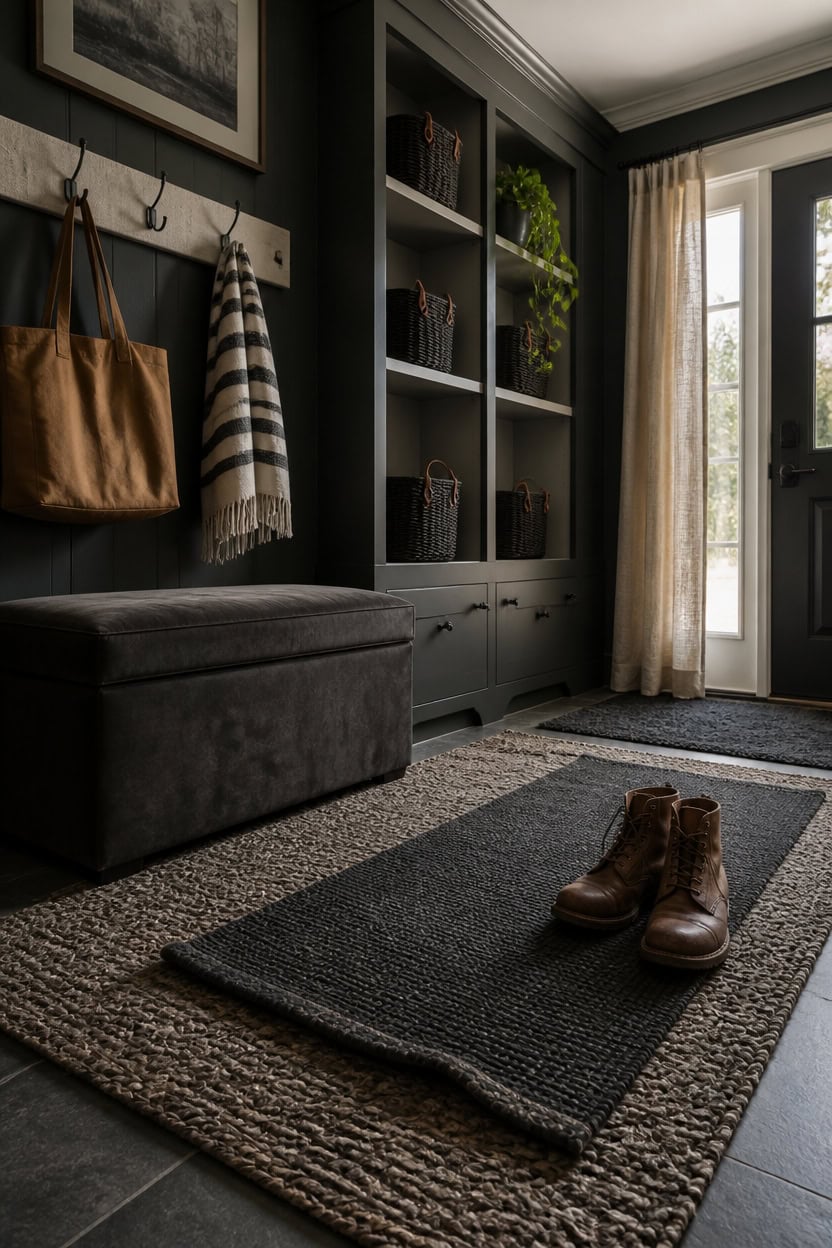 layered dark gray mudroom rugs