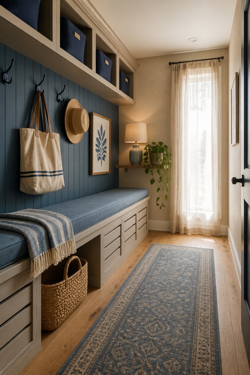 Inviting apartment entryway with blue wall, built-in bench, and decorative accessories.