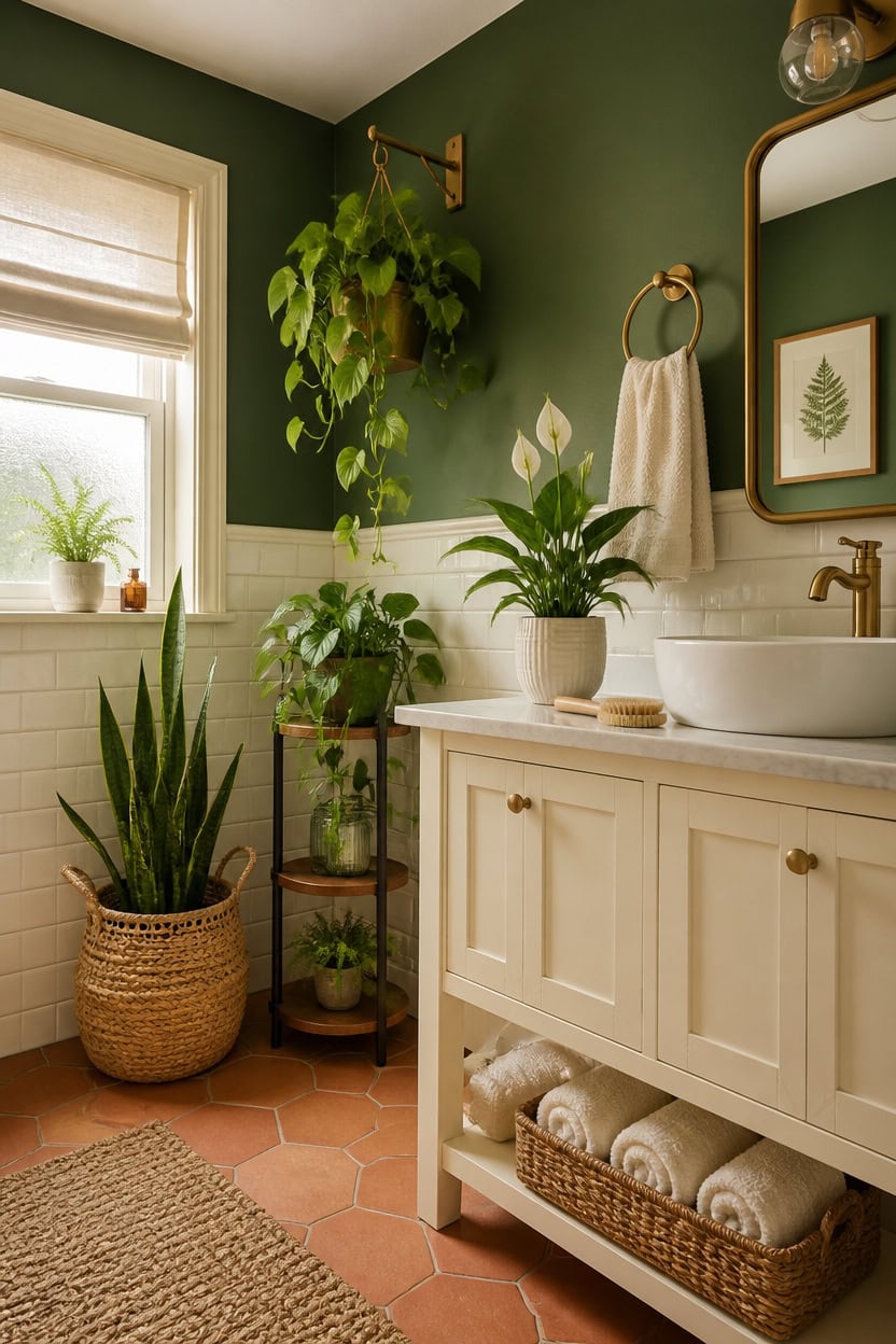 Indoor bathroom with green walls, natural light, and abundant houseplants for a fresh, relaxing atmo.