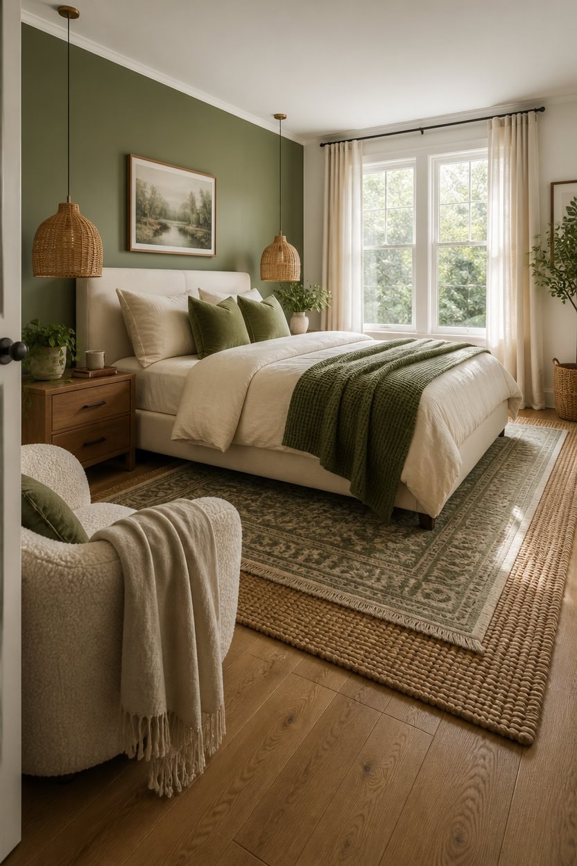 Bright and inviting bedroom with green accent wall, large window, and stylish decor. Perfect for rel.