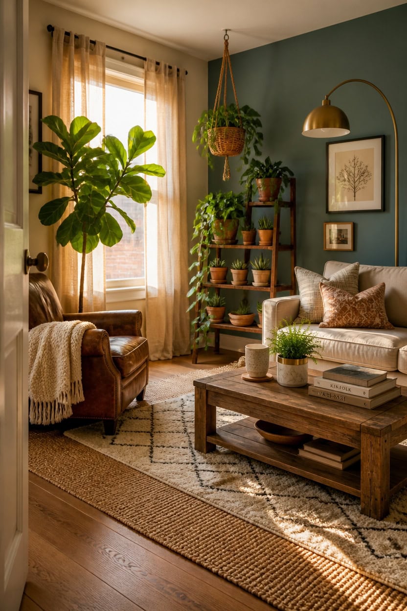 Bright and cozy living room with large window, lush indoor plants, and stylish decor.