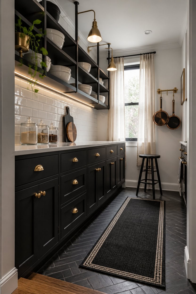 Bright modern kitchen with black cabinetry, open shelving, and gold accents.