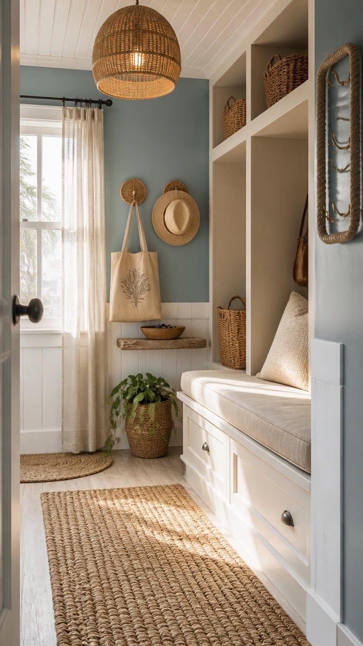 Entryway with built-in bench, storage shelves, and decorative accessories.
