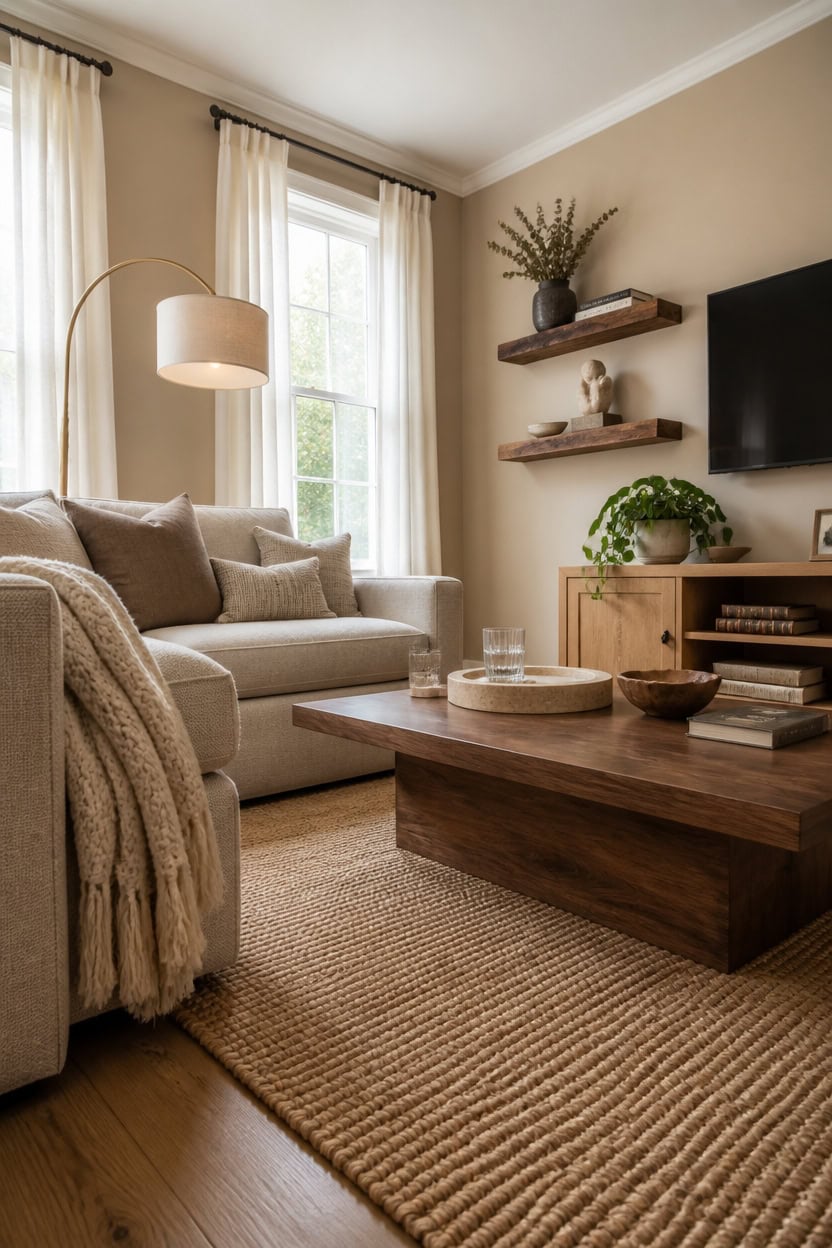 Bright living room with large windows, beige walls, and modern furniture for a comfortable home atmosphere.
