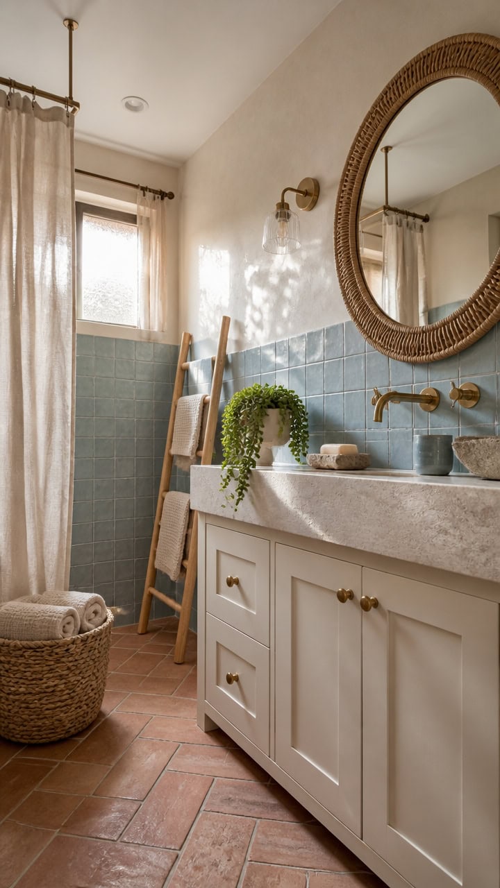 Bright bathroom featuring a white vanity, round mirror, and natural light from a window. Elegant decor with plants and soft n.