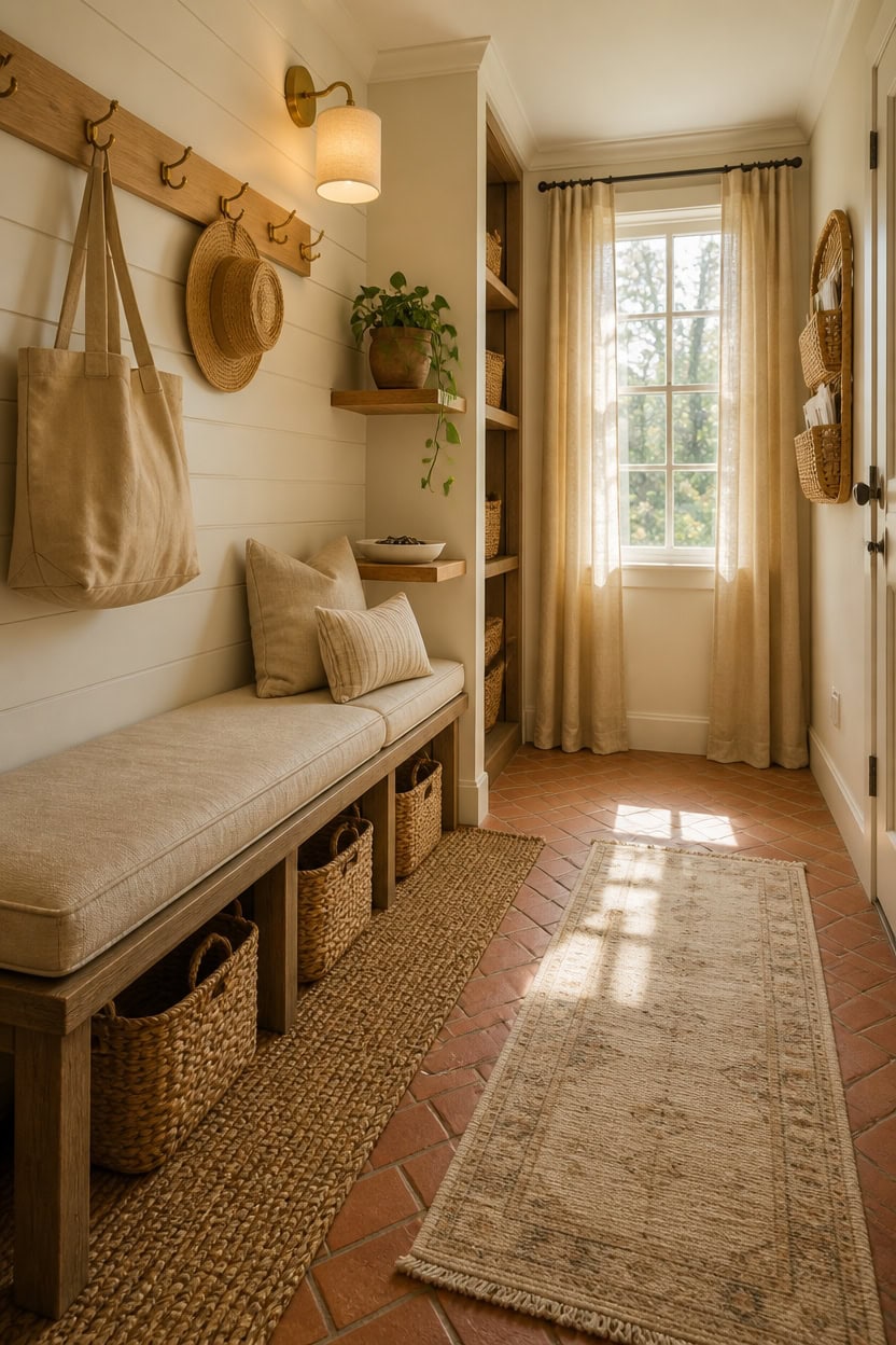 Cozy entryway featuring a bench, wall hooks, and natural sunlight streaming through a window. Perfect for welcoming guests in.