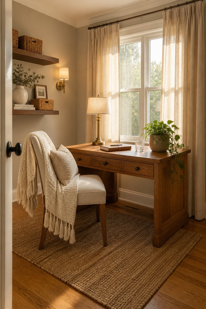 Home office setup with a wooden desk, comfortable chair, and warm lighting. Bright window with beige curtains creates a welco.