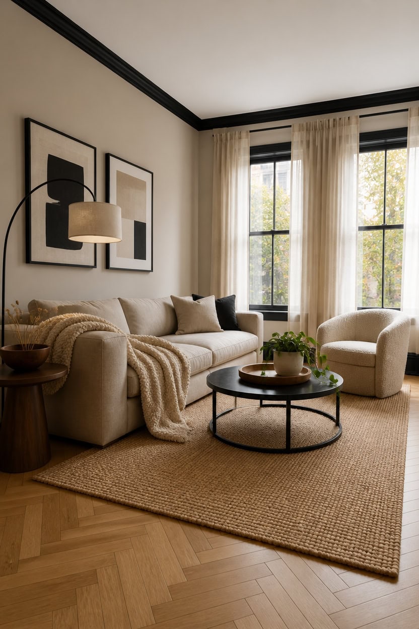 Cozy living room featuring a beige sofa, armchair, and large windows with sheer curtains, creating a.