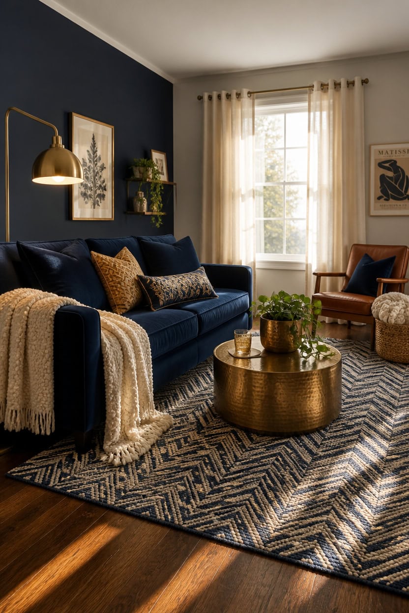 layered navy velvet brass textures