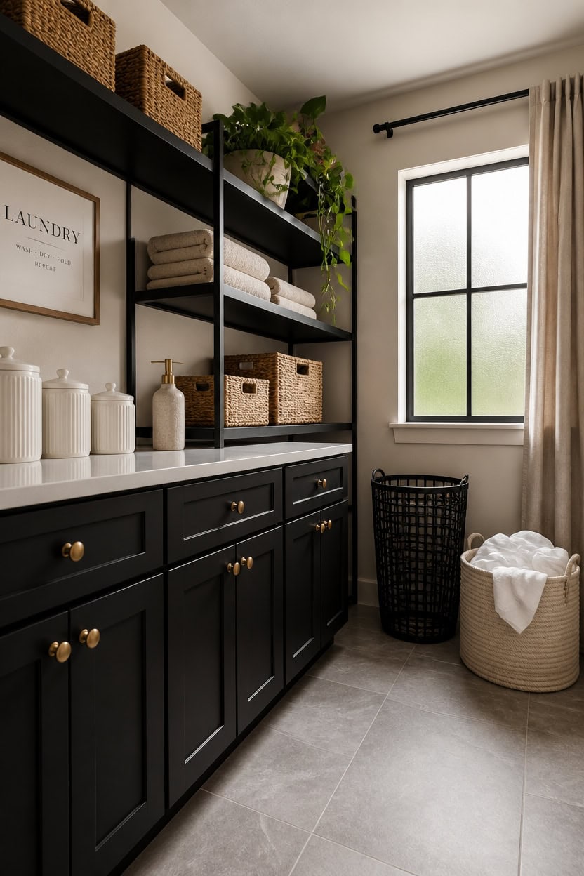 Laundry room with black cabinets, shelves, and laundry baskets, bright window, and neutral decor.