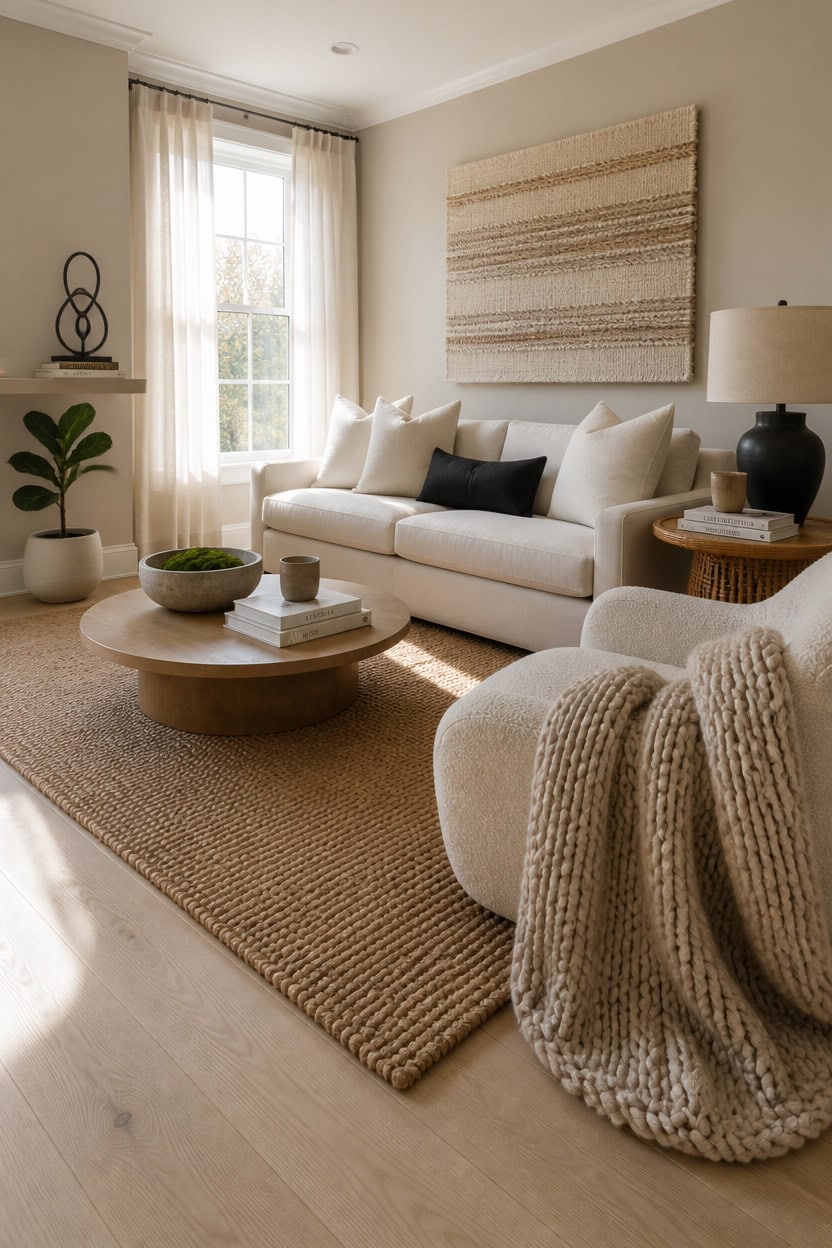 Bright living room with large window, neutral-toned sofa, and modern decor. Perfect for relaxing in.