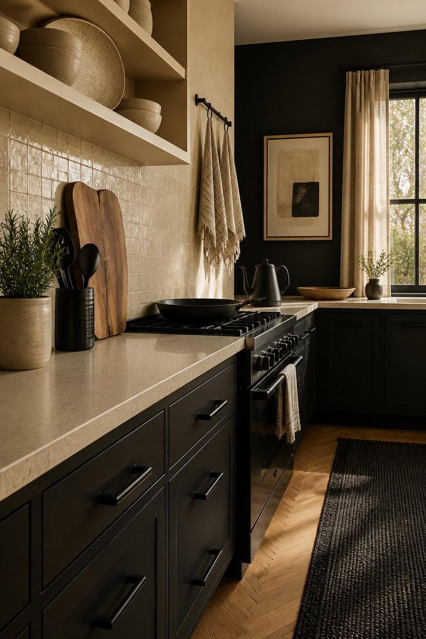 Modern kitchen with black cabinets, beige countertops, and natural light in apartment.