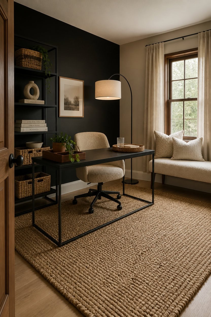 Stylish home office with desk, chair, and window view, ideal for remote work.