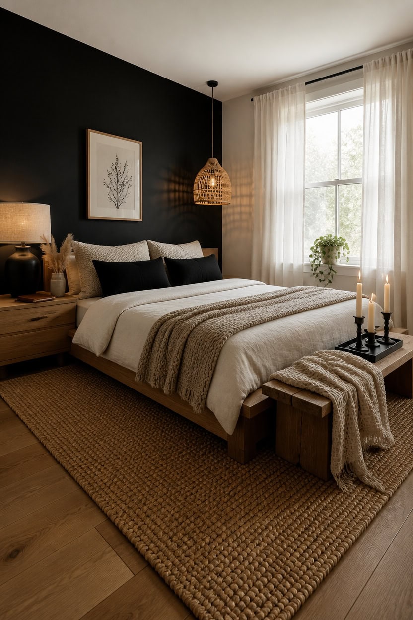 Bright bedroom with large window, neutral decor, and cozy bedding.