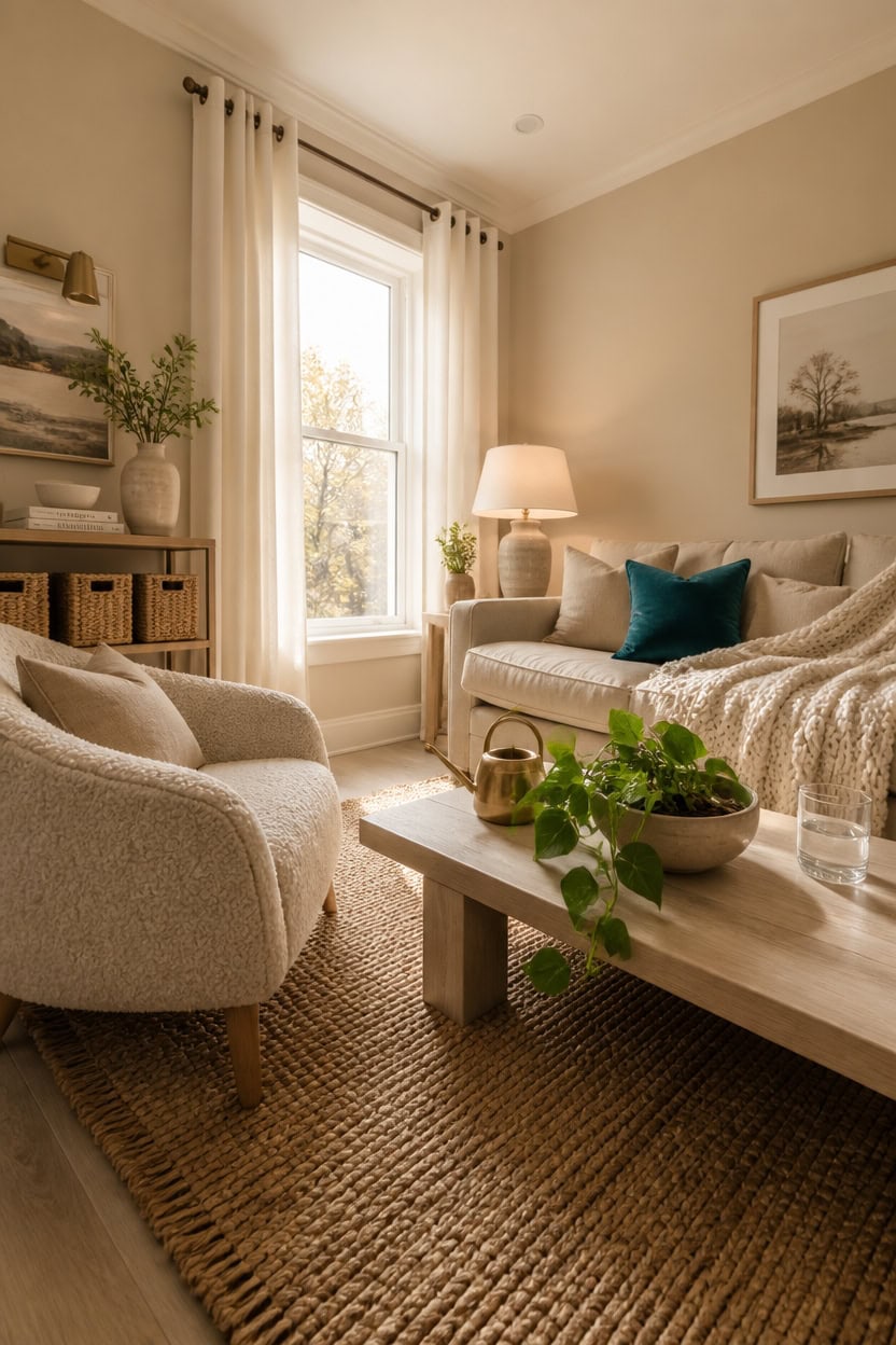 Bright and inviting living room with large window, comfortable seating, and elegant decor. Perfect for relaxing at Apartment.