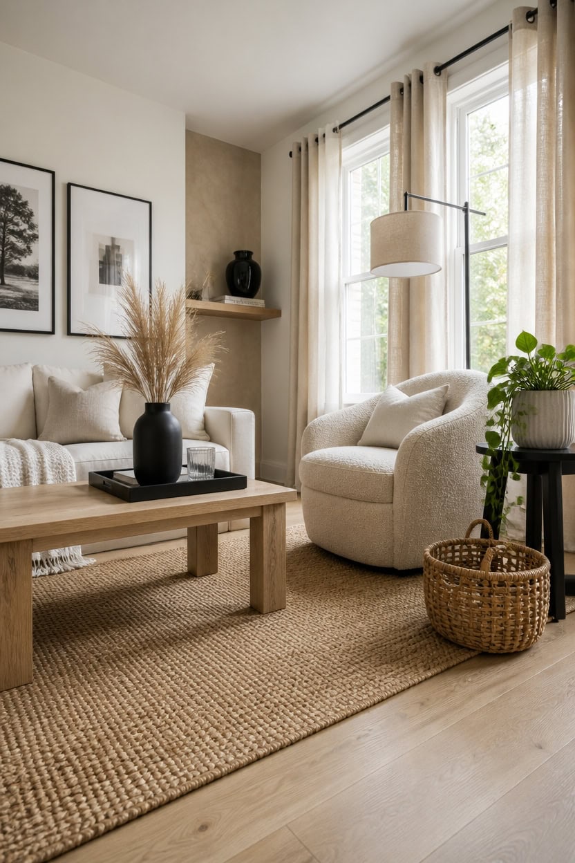 Bright living room with large windows, neutral tones, and stylish furniture for a comfortable apartm.