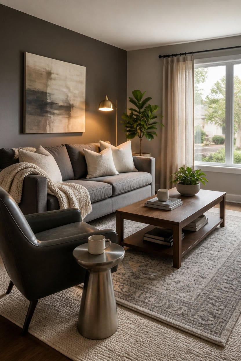 layered rugs soften gray sofa