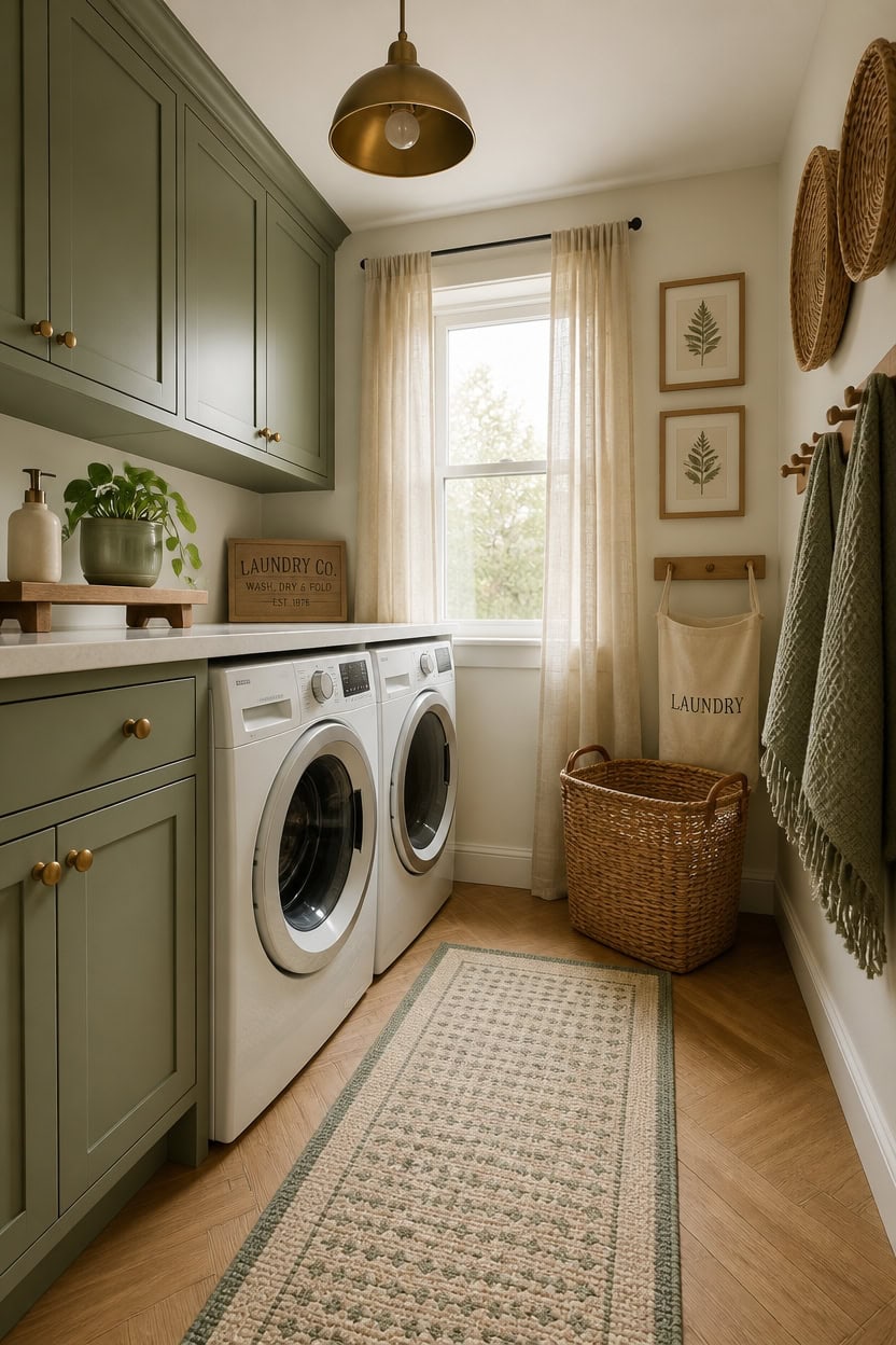Bright laundry room with green cabinetry, front-loading washer and dryer, and natural light from a w.