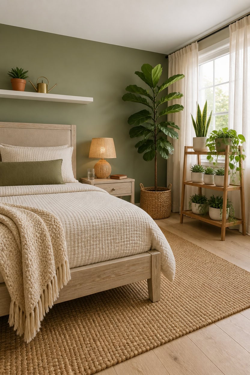 Bright bedroom with green accent wall, natural light, and indoor plants for a relaxing atmosphere.
