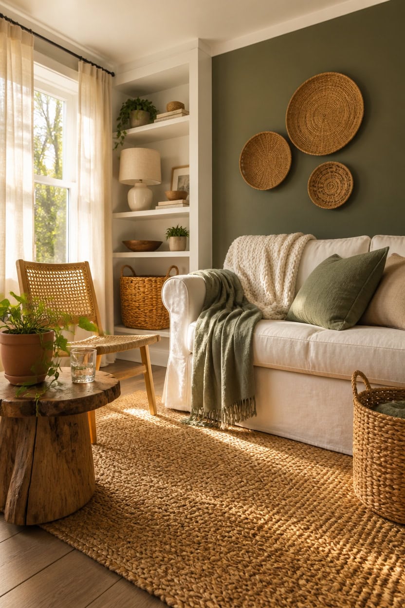 Bright living room with large window, comfortable sofa, and decorative woven wall art.
