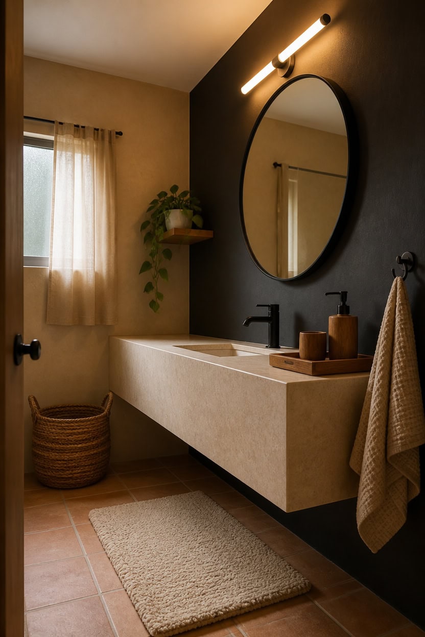 Elegant bathroom with beige vanity, black wall, round mirror, and natural light.
