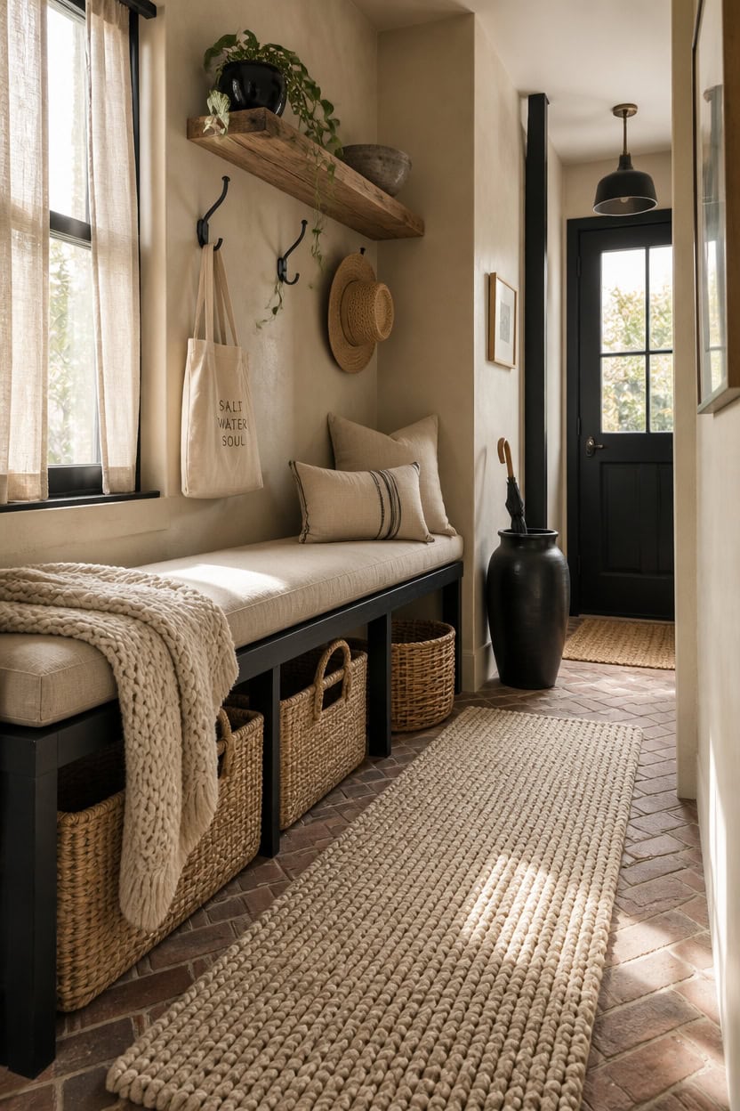Entryway with bench, woven baskets, and wall hooks in a stylish apartment.