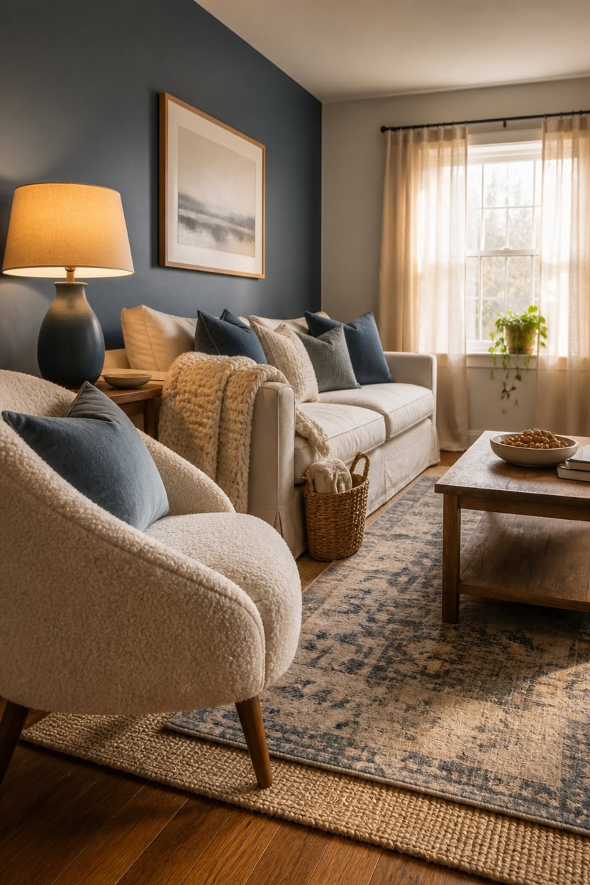 Bright and inviting living room with comfortable sofa, armchair, and warm decor. Perfect for relaxin.