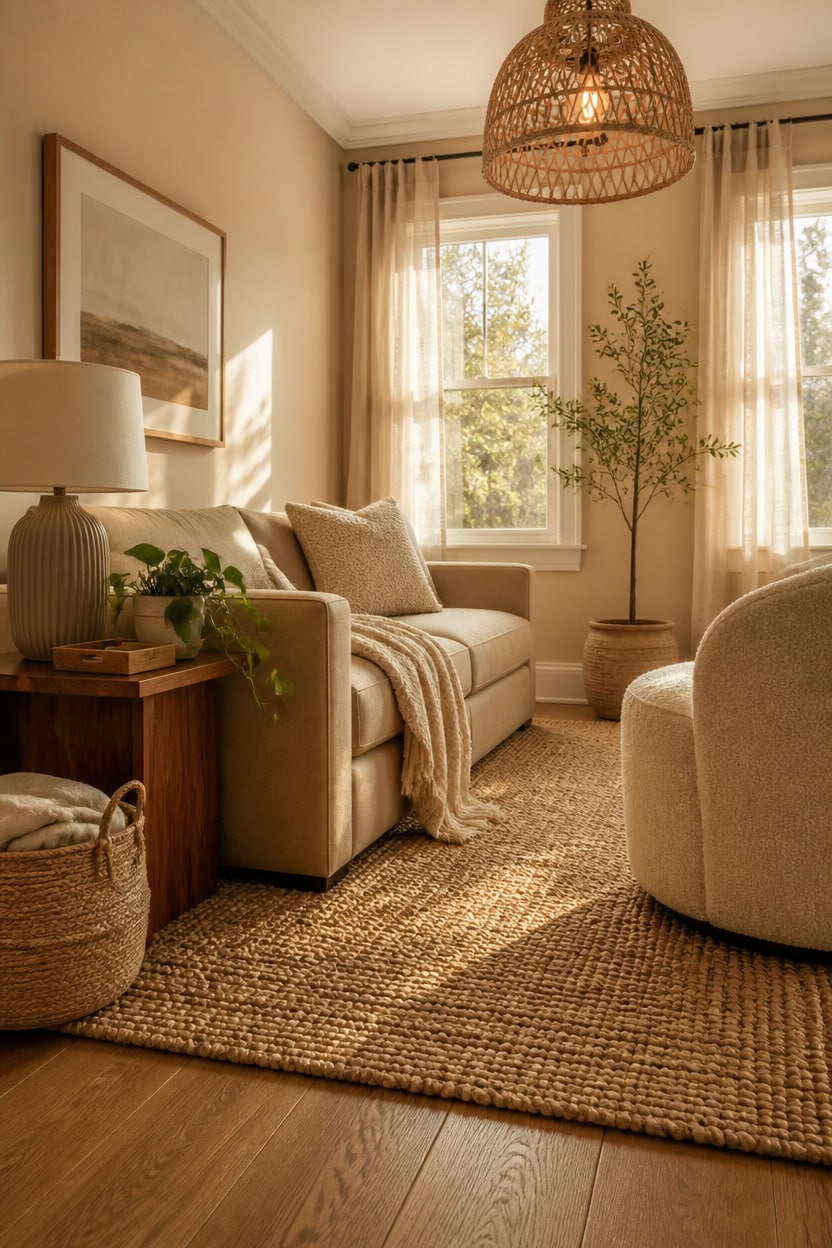 Bright and inviting living room featuring large windows, neutral tones, and stylish decor for a comfortable home atmosphere.