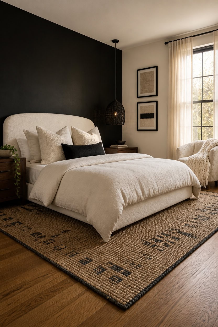 Stylish bedroom featuring a comfortable bed, black accent wall, and large window with sheer curtains.