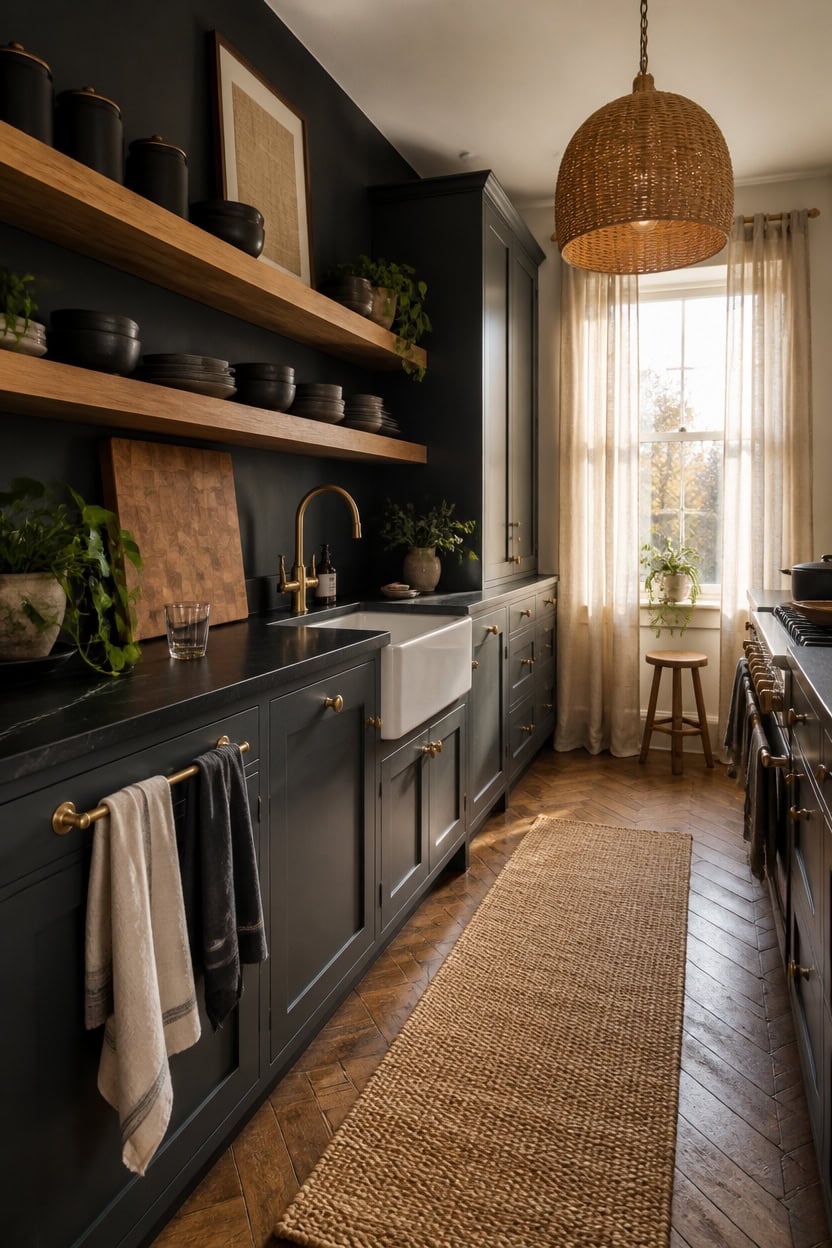 layered textures warm charcoal kitchens