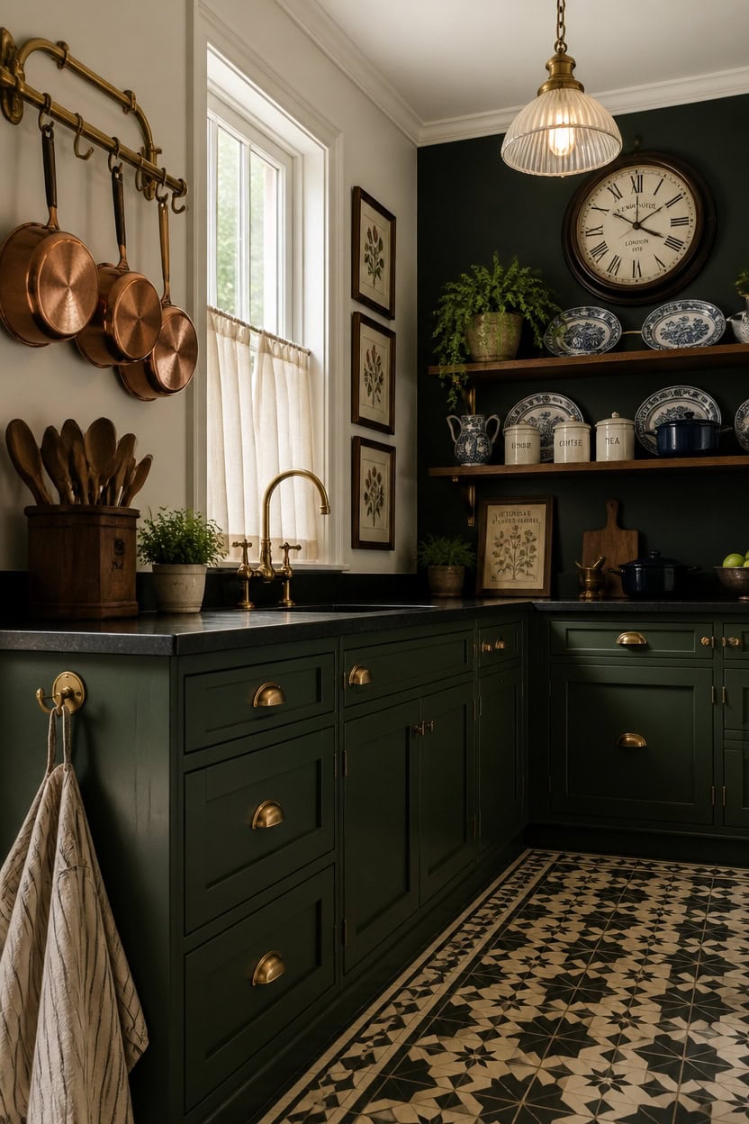 Vintage-style kitchen with dark green cabinets, copper pots, and decorative plates.