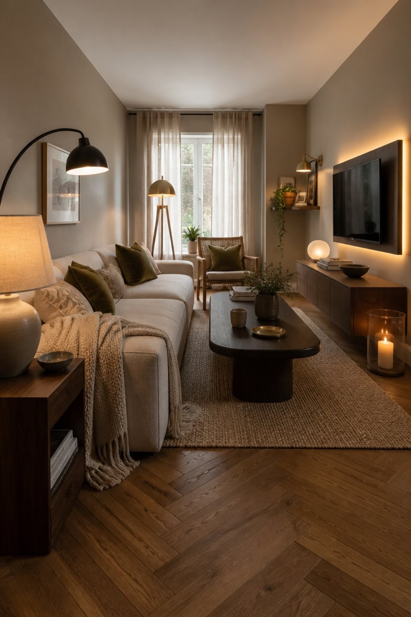 Warm and inviting living room with neutral tones, cozy sofa, and ambient lighting.