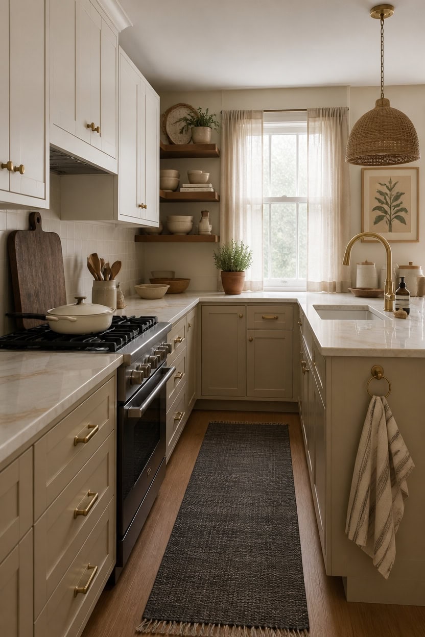 Bright kitchen with white cabinets, wooden accents, and a large window providing natural light. Perfect for a comfortable apa.