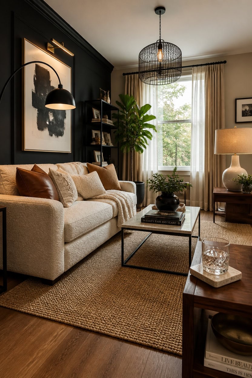 Stylish living room with beige sofa, black accent wall, and natural light.