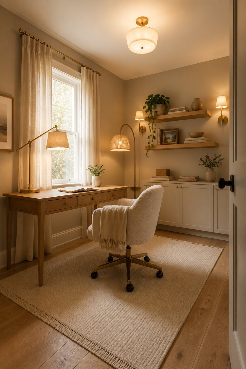 Bright home office with large window, wooden desk, and comfortable chair for productive work from home.