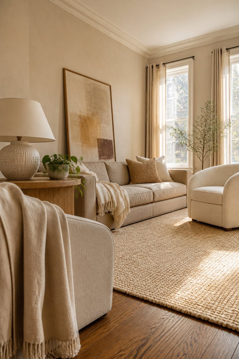 Bright and inviting living room featuring neutral tones, large windows, and comfortable seating. Perfect for relaxing at Apar.