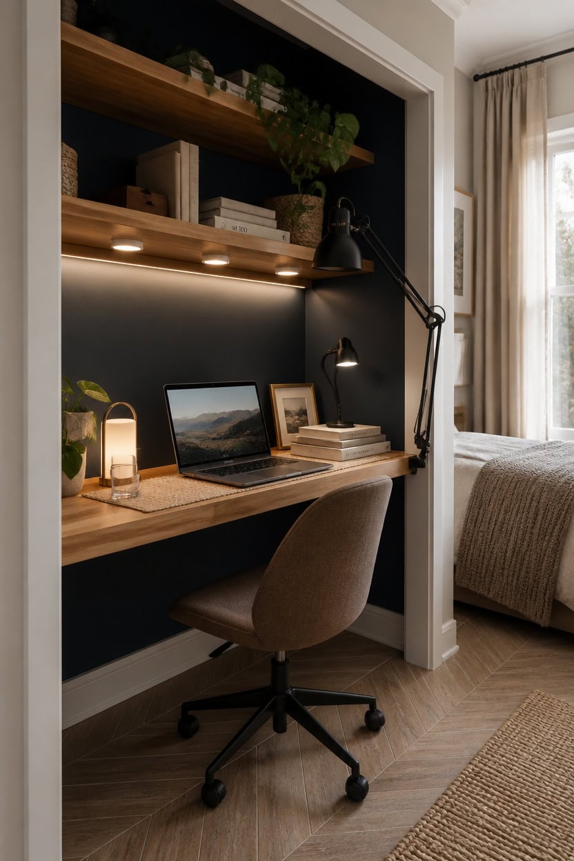 Cozy home office with desk, laptop, and plants in a stylish apartment.