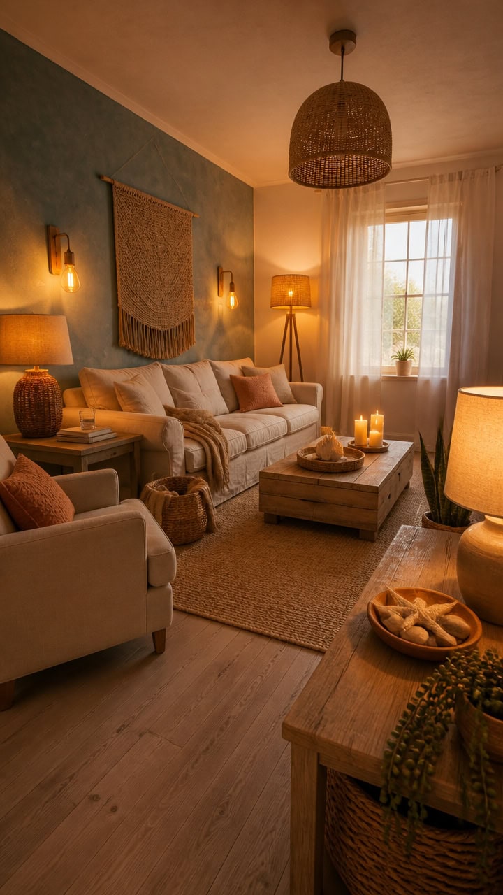 Inviting living room with soft lighting, comfortable sofa, and stylish decor creating a cozy home atmosphere.