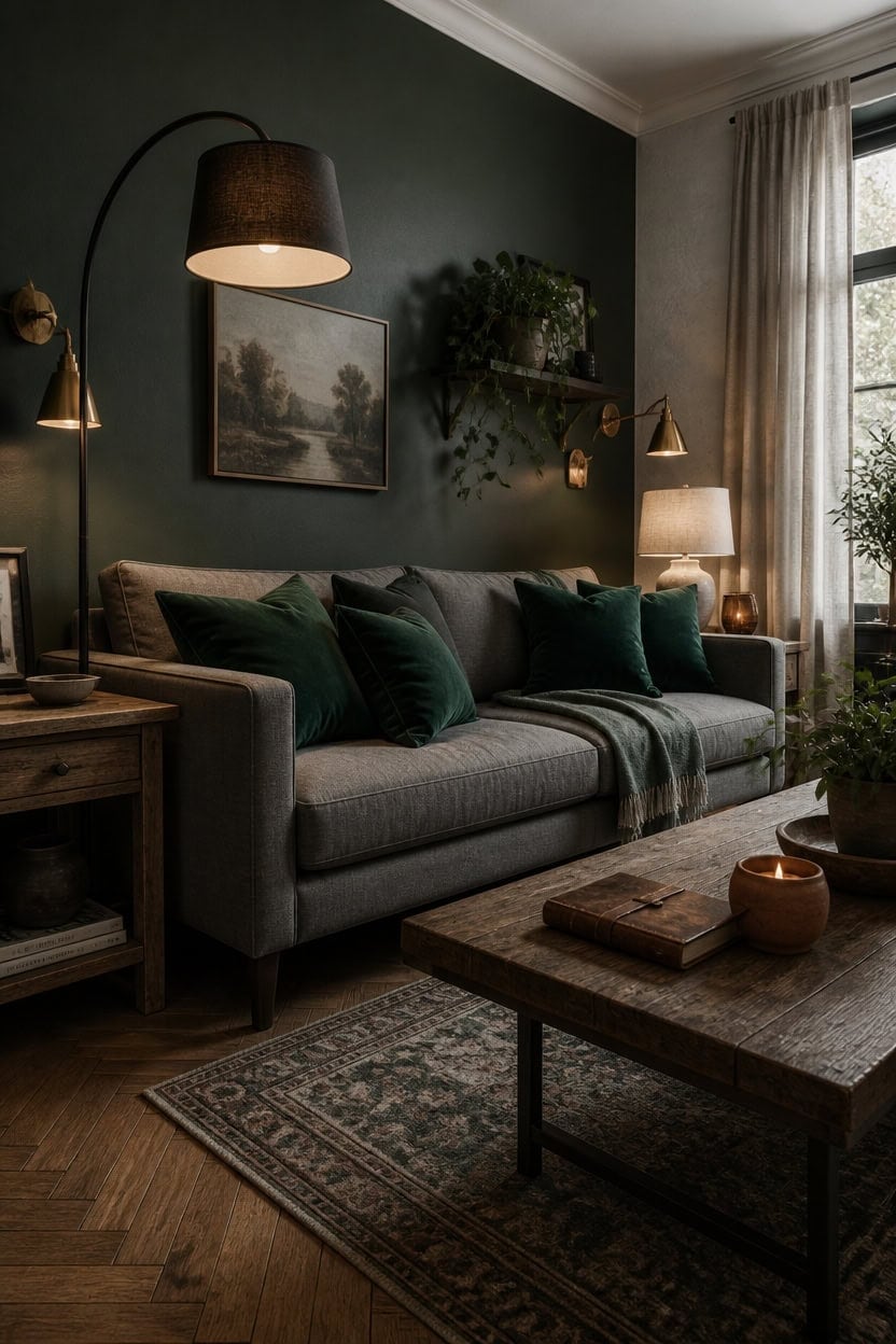Elegant green and gray living room with stylish decor for women who prefer a relaxed, guest-free space.
