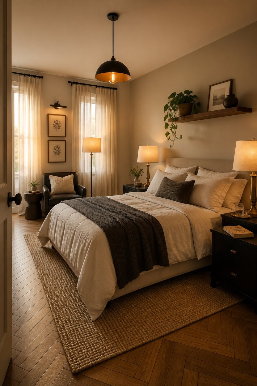 Elegant bedroom with warm lighting, cozy bedding, and stylish decor in a modern apartment.