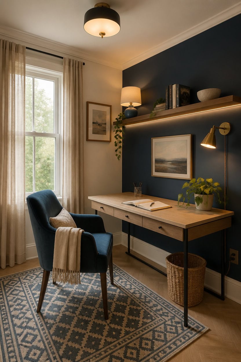 Comfortable home office with blue accent wall, desk, armchair, and natural light.