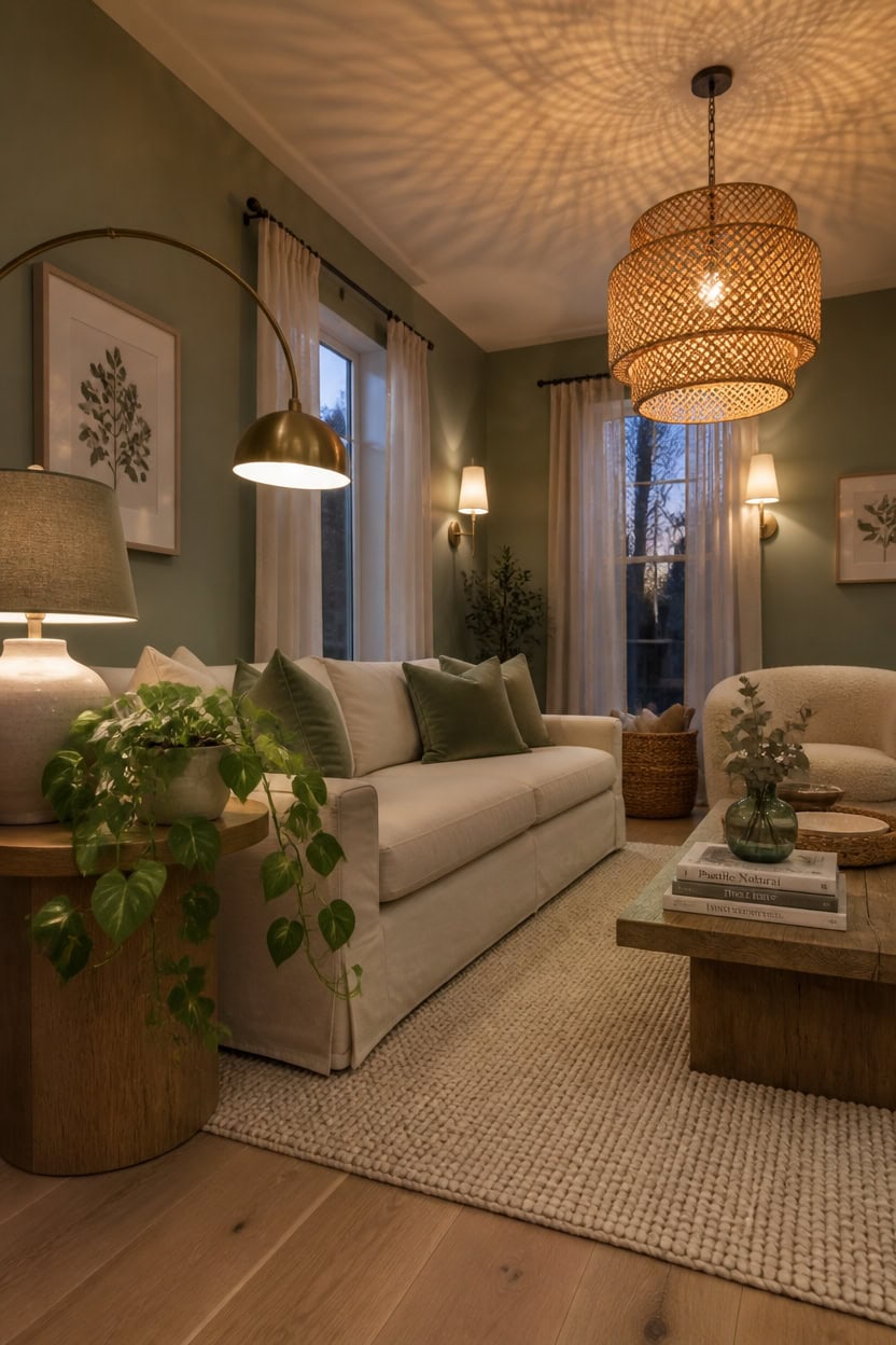 Bright and inviting living room with comfortable sofa, stylish lighting, and lush greenery. Perfect.