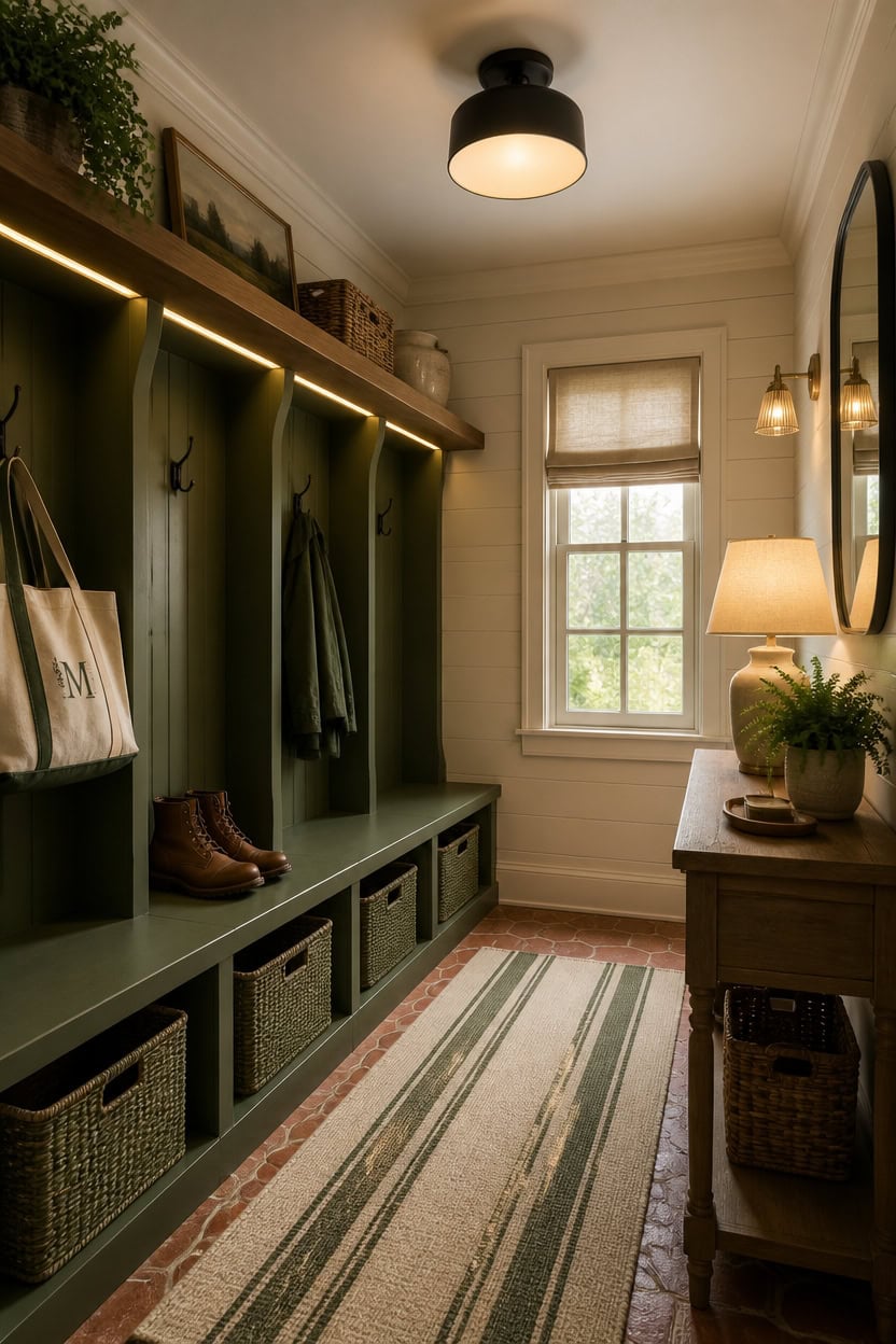 Inviting entryway with coat hooks, storage baskets, and warm lighting.