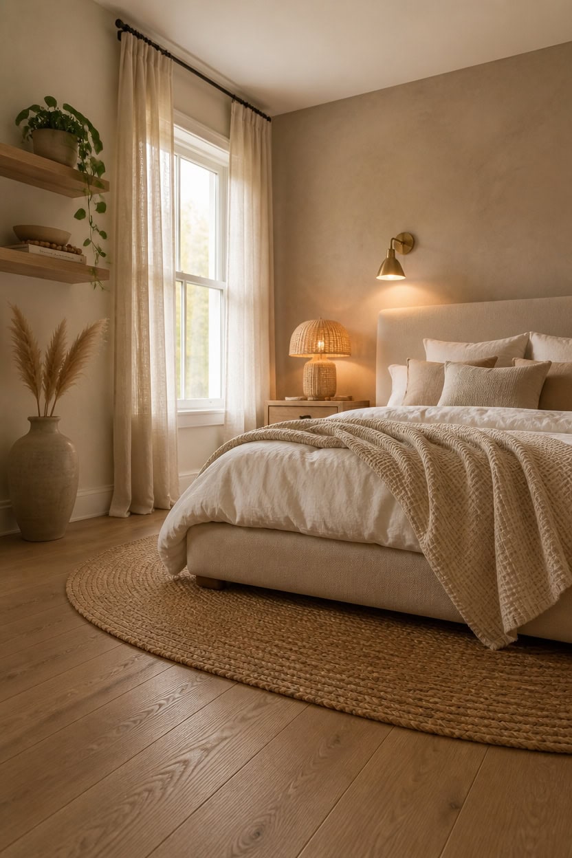 Bright and inviting bedroom with large window, soft neutral tones, and warm decor for a relaxing living space.